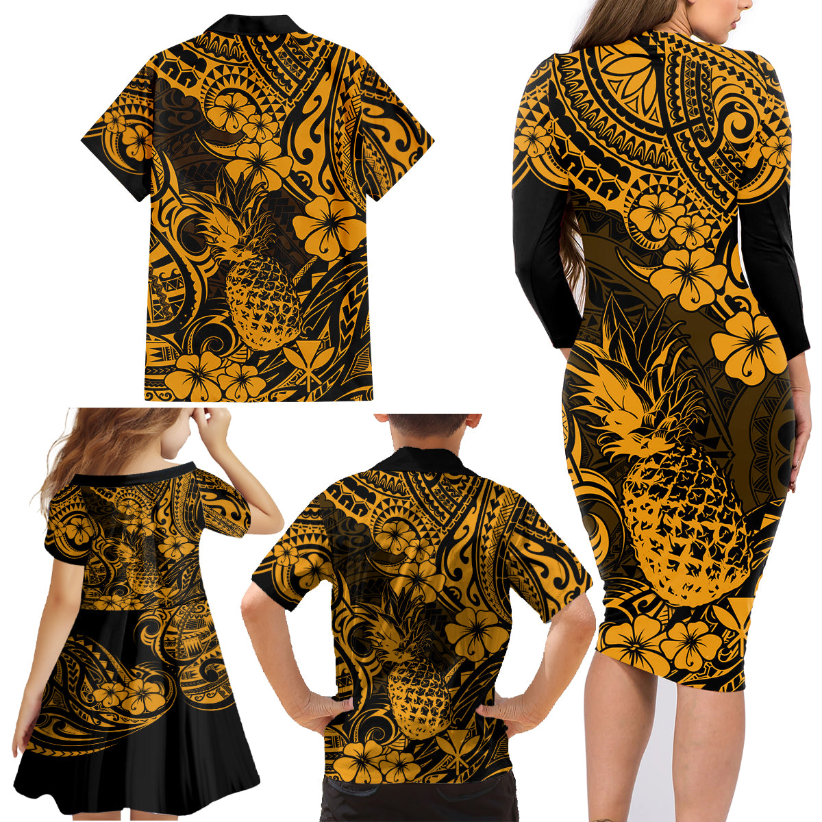 Hawaii Pineapple Family Matching Long Sleeve Bodycon Dress and Hawaiian Shirt Paradise Flowers Pacific With Gold Polynesian Tribal LT01 - Polynesian Pride