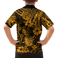 Hawaii Pineapple Family Matching Off Shoulder Short Dress and Hawaiian Shirt Paradise Flowers Pacific With Gold Polynesian Tribal LT01 - Polynesian Pride