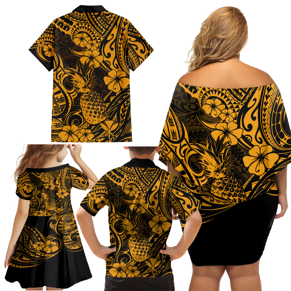 Hawaii Pineapple Family Matching Off Shoulder Short Dress and Hawaiian Shirt Paradise Flowers Pacific With Gold Polynesian Tribal LT01 - Polynesian Pride