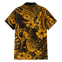 Hawaii Pineapple Family Matching Off Shoulder Short Dress and Hawaiian Shirt Paradise Flowers Pacific With Gold Polynesian Tribal LT01 - Polynesian Pride