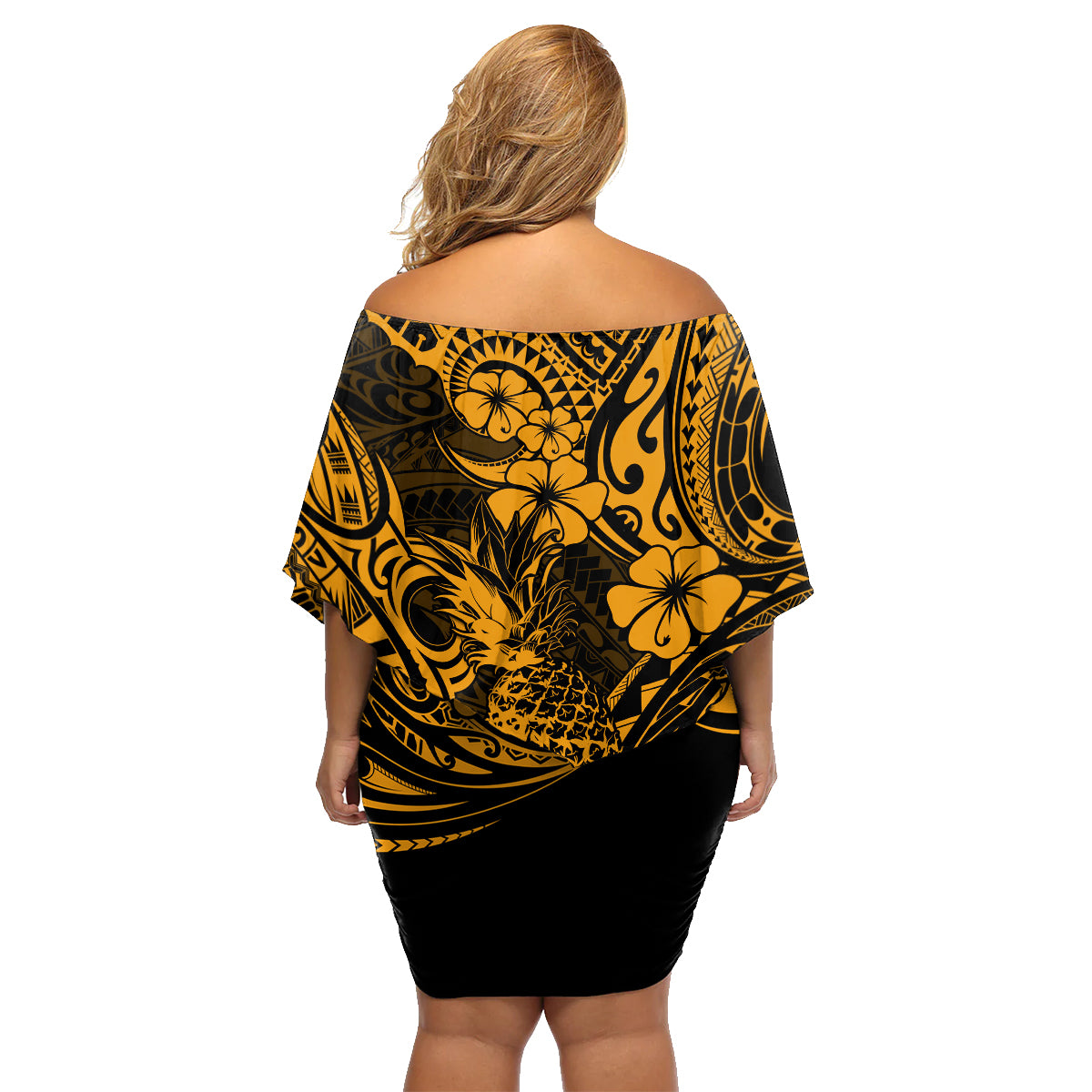 Hawaii Pineapple Family Matching Off Shoulder Short Dress and Hawaiian Shirt Paradise Flowers Pacific With Gold Polynesian Tribal LT01 - Polynesian Pride
