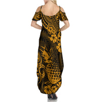 Hawaii Pineapple Family Matching Summer Maxi Dress and Hawaiian Shirt Paradise Flowers Pacific With Gold Polynesian Tribal LT01 - Polynesian Pride