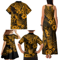 Hawaii Pineapple Family Matching Tank Maxi Dress and Hawaiian Shirt Paradise Flowers Pacific With Gold Polynesian Tribal LT01 - Polynesian Pride