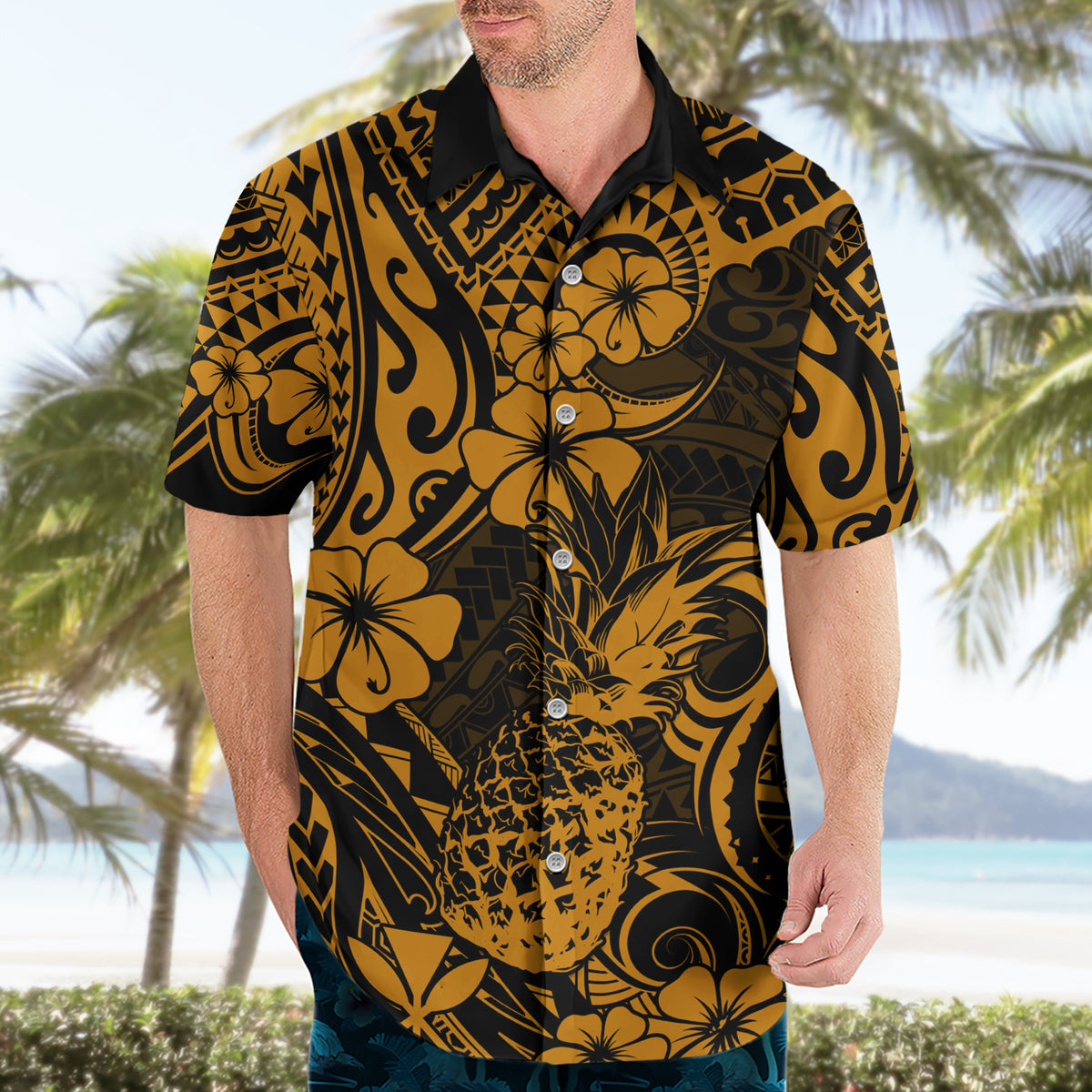Hawaii Pineapple Hawaiian Shirt Paradise Flowers Pacific With Gold Polynesian Tribal LT01 - Polynesian Pride