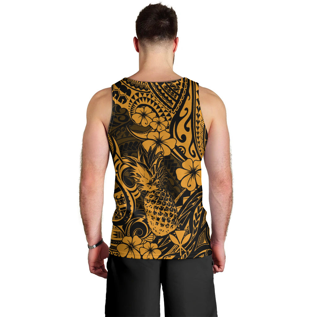 Hawaii Pineapple Men Tank Top Paradise Flowers Pacific With Gold Polynesian Tribal LT01 - Polynesian Pride