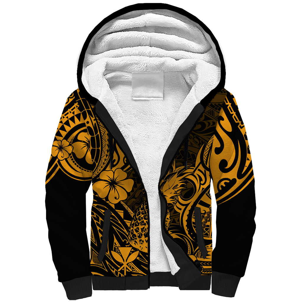 Hawaii Pineapple Sherpa Hoodie Paradise Flowers Pacific With Gold Polynesian Tribal LT01 Unisex Gold - Polynesian Pride