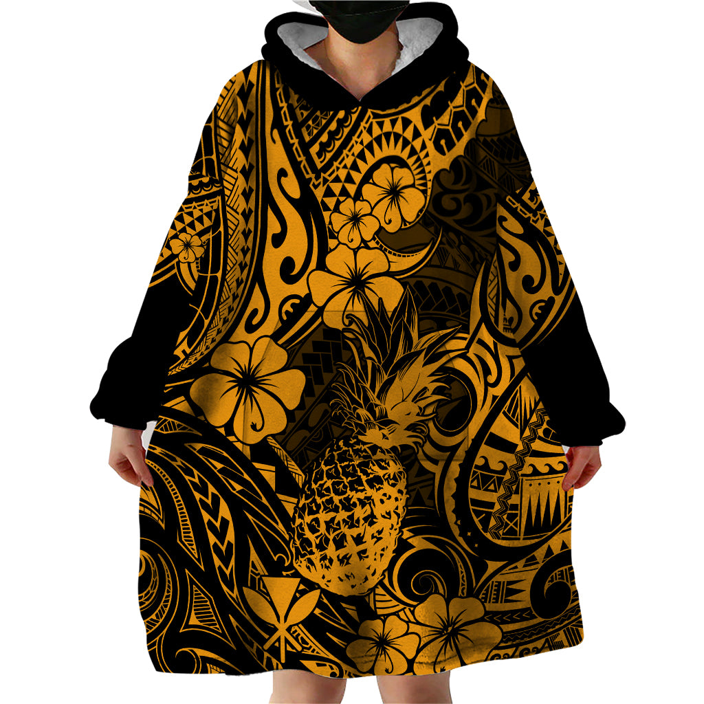 Hawaii Pineapple Wearable Blanket Hoodie Paradise Flowers Pacific With Gold Polynesian Tribal LT01 - Polynesian Pride