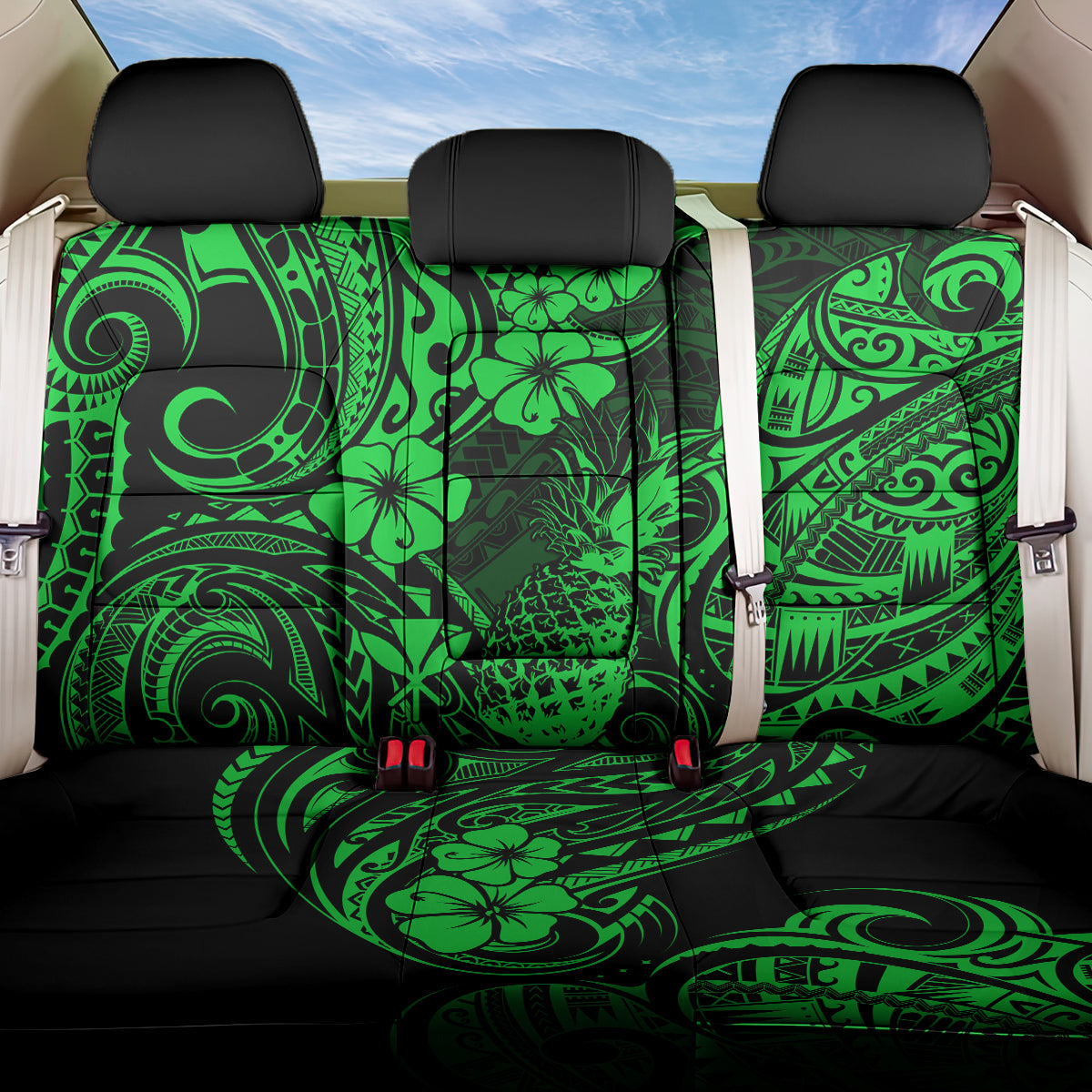 Hawaii Pineapple Back Car Seat Cover Paradise Flowers Pacific With Green Polynesian Tribal LT01 One Size Green - Polynesian Pride