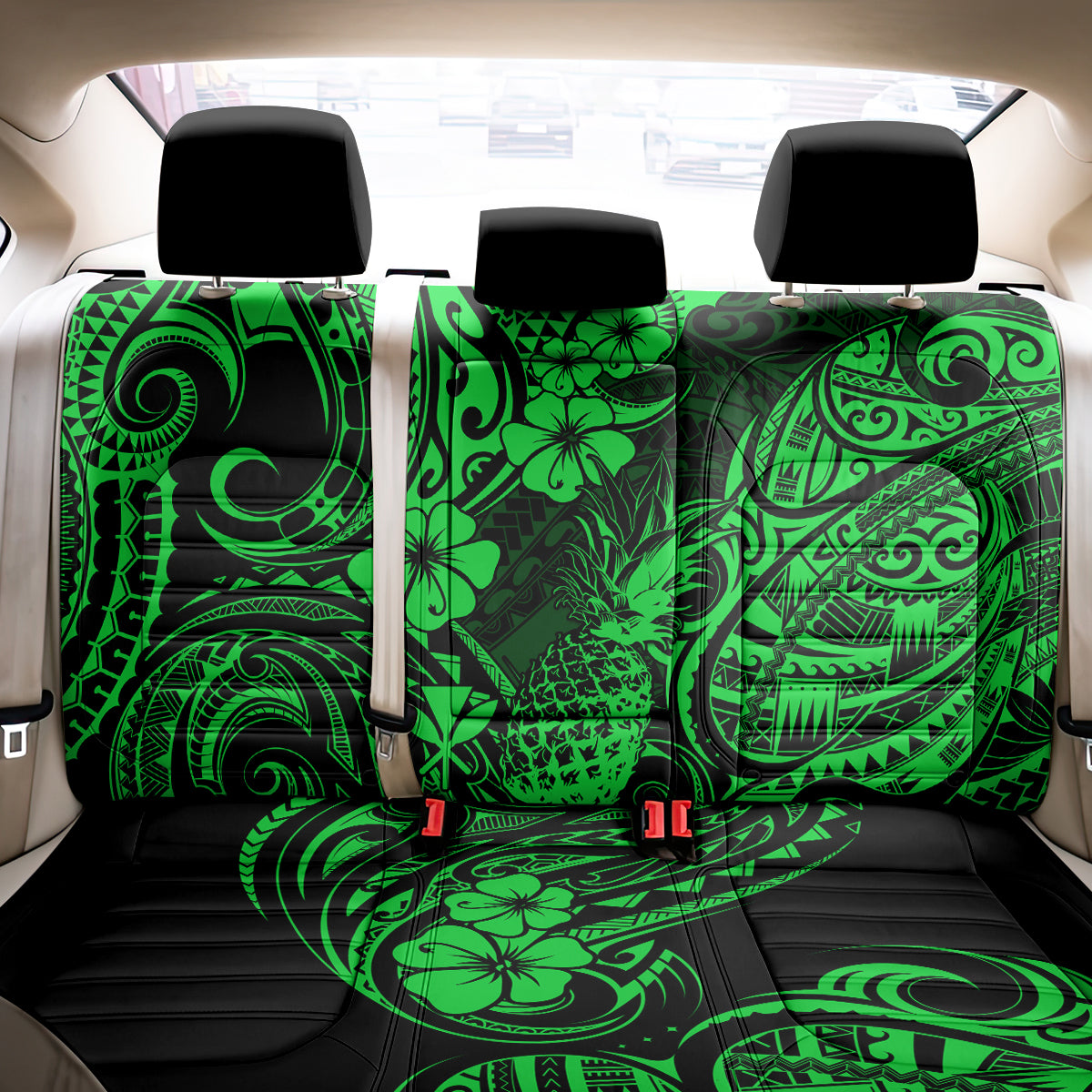 Hawaii Pineapple Back Car Seat Cover Paradise Flowers Pacific With Green Polynesian Tribal LT01 - Polynesian Pride