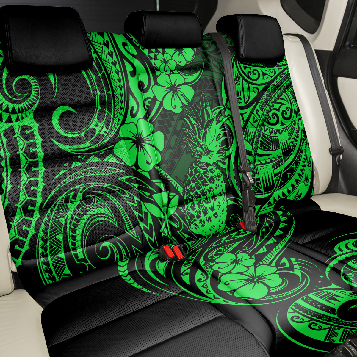 Hawaii Pineapple Back Car Seat Cover Paradise Flowers Pacific With Green Polynesian Tribal LT01 - Polynesian Pride