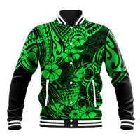 Hawaii Pineapple Baseball Jacket Paradise Flowers Pacific With Green Polynesian Tribal LT01 Unisex Green - Polynesian Pride