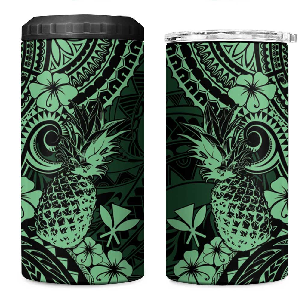 Hawaii Pineapple 4 in 1 Can Cooler Tumbler Paradise Flowers Pacific With Green Polynesian Tribal