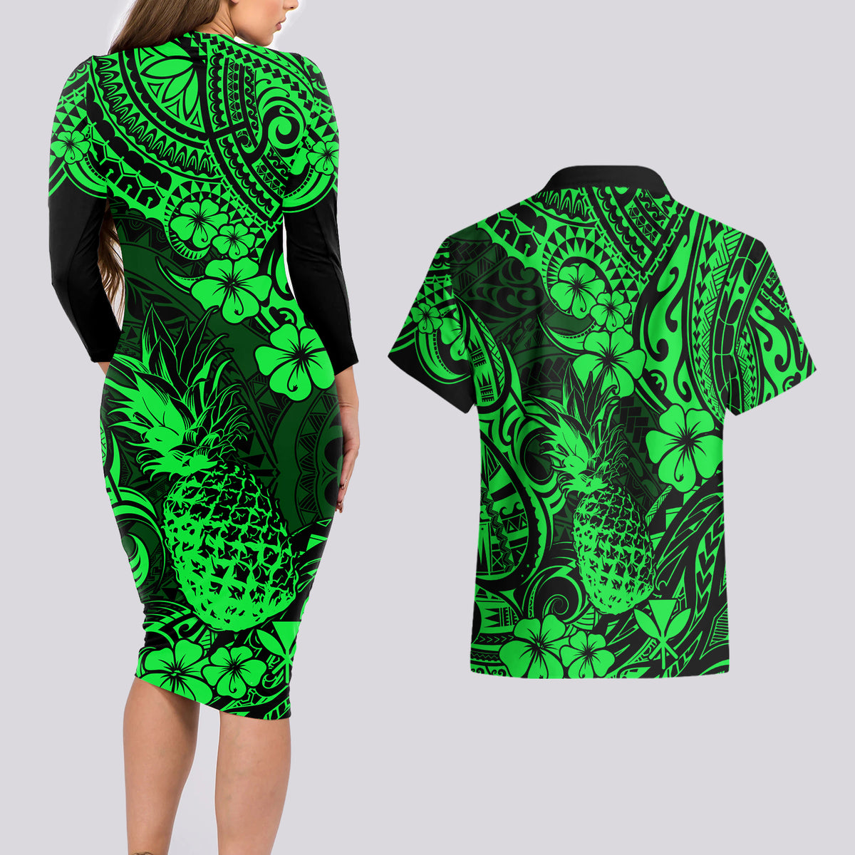 Hawaii Pineapple Couples Matching Long Sleeve Bodycon Dress and Hawaiian Shirt Paradise Flowers Pacific With Green Polynesian Tribal LT01 - Polynesian Pride