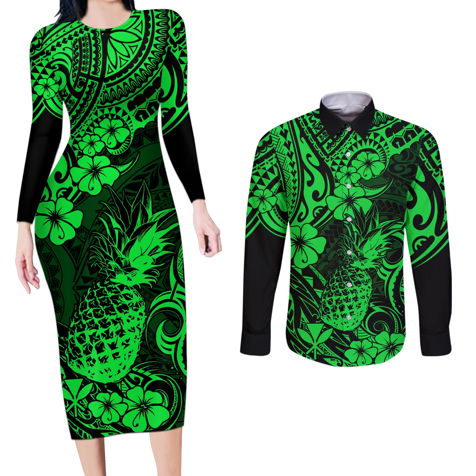 Hawaii Pineapple Couples Matching Long Sleeve Bodycon Dress and Long Sleeve Button Shirts Paradise Flowers Pacific With Green Polynesian Tribal LT01 Green - Polynesian Pride