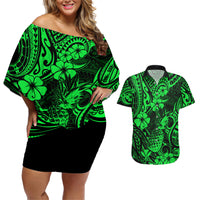 Hawaii Pineapple Couples Matching Off Shoulder Short Dress and Hawaiian Shirt Paradise Flowers Pacific With Green Polynesian Tribal LT01 Green - Polynesian Pride