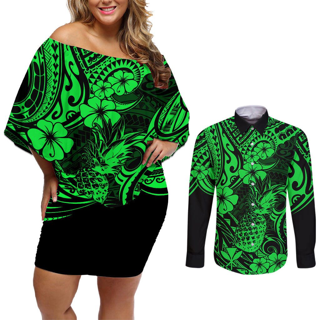 Hawaii Pineapple Couples Matching Off Shoulder Short Dress and Long Sleeve Button Shirts Paradise Flowers Pacific With Green Polynesian Tribal LT01 Green - Polynesian Pride