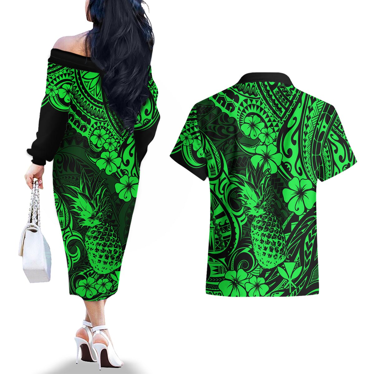 Hawaii Pineapple Couples Matching Off The Shoulder Long Sleeve Dress and Hawaiian Shirt Paradise Flowers Pacific With Green Polynesian Tribal LT01 - Polynesian Pride