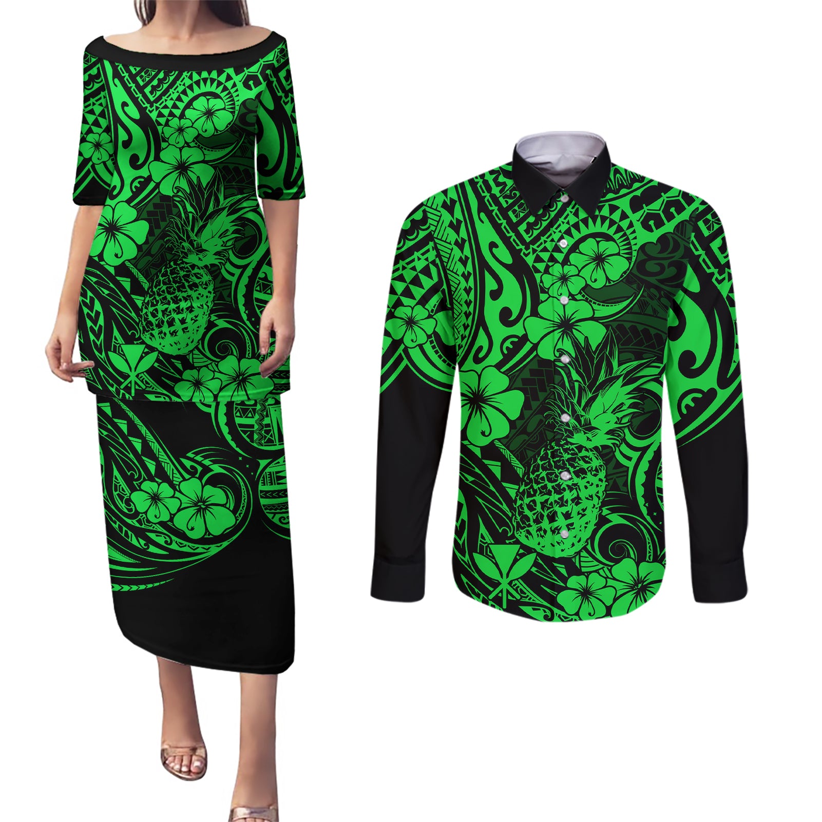 Hawaii Pineapple Couples Matching Puletasi Dress and Long Sleeve Button Shirts Paradise Flowers Pacific With Green Polynesian Tribal LT01 Green - Polynesian Pride
