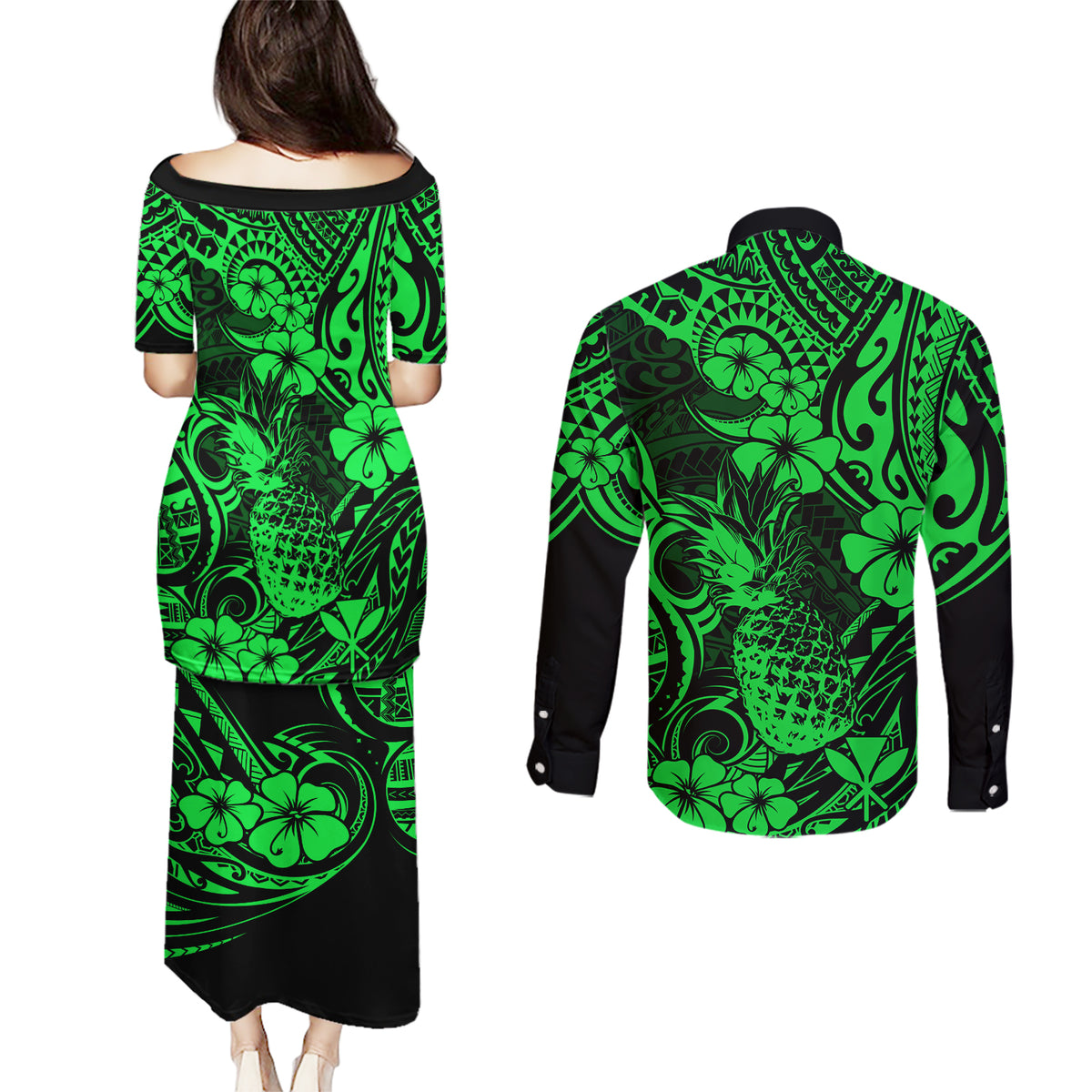 Hawaii Pineapple Couples Matching Puletasi Dress and Long Sleeve Button Shirts Paradise Flowers Pacific With Green Polynesian Tribal LT01 - Polynesian Pride