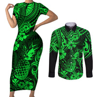 Hawaii Pineapple Couples Matching Short Sleeve Bodycon Dress and Long Sleeve Button Shirts Paradise Flowers Pacific With Green Polynesian Tribal LT01 Green - Polynesian Pride