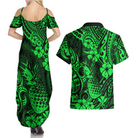 Hawaii Pineapple Couples Matching Summer Maxi Dress and Hawaiian Shirt Paradise Flowers Pacific With Green Polynesian Tribal LT01 - Polynesian Pride
