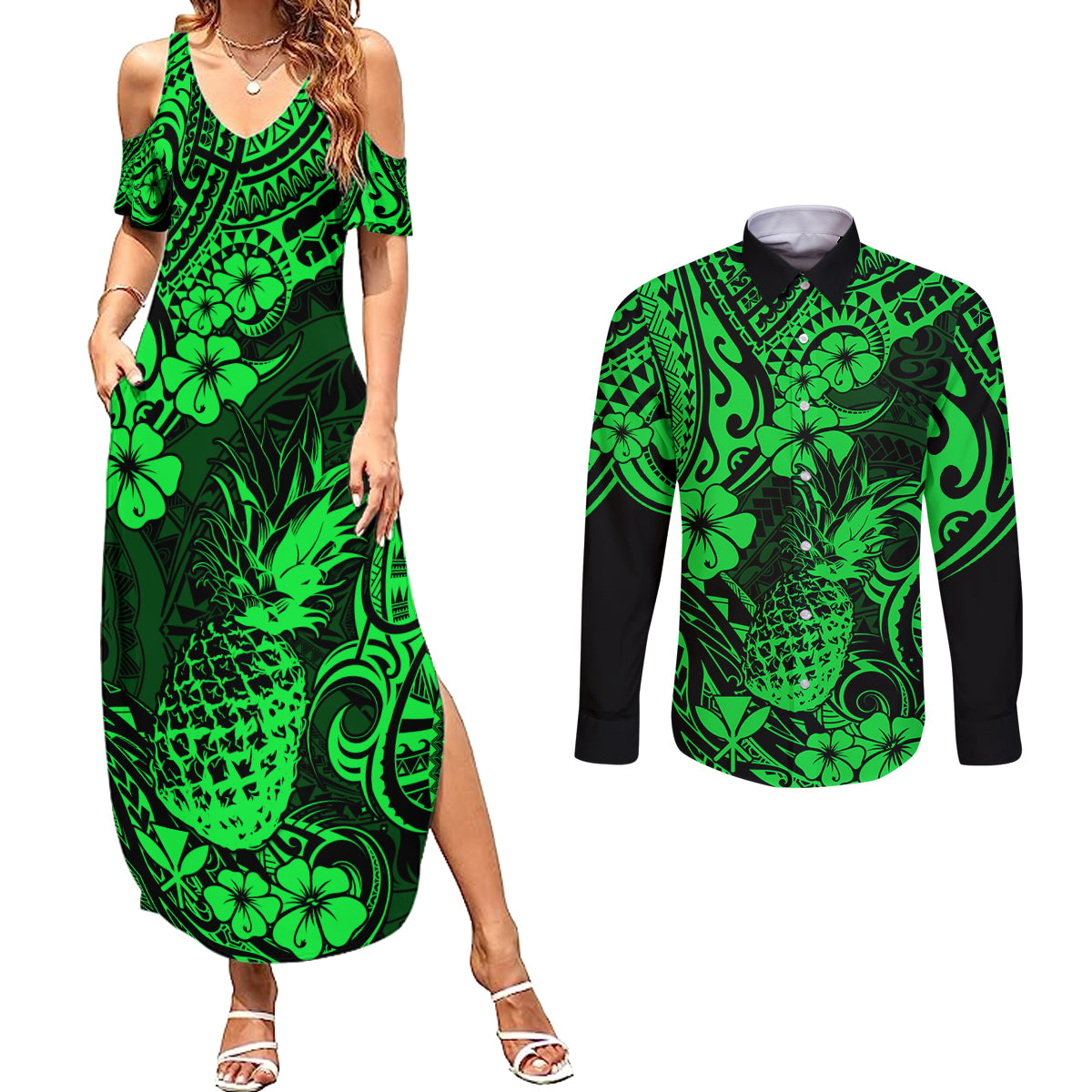 Hawaii Pineapple Couples Matching Summer Maxi Dress and Long Sleeve Button Shirts Paradise Flowers Pacific With Green Polynesian Tribal LT01 Green - Polynesian Pride