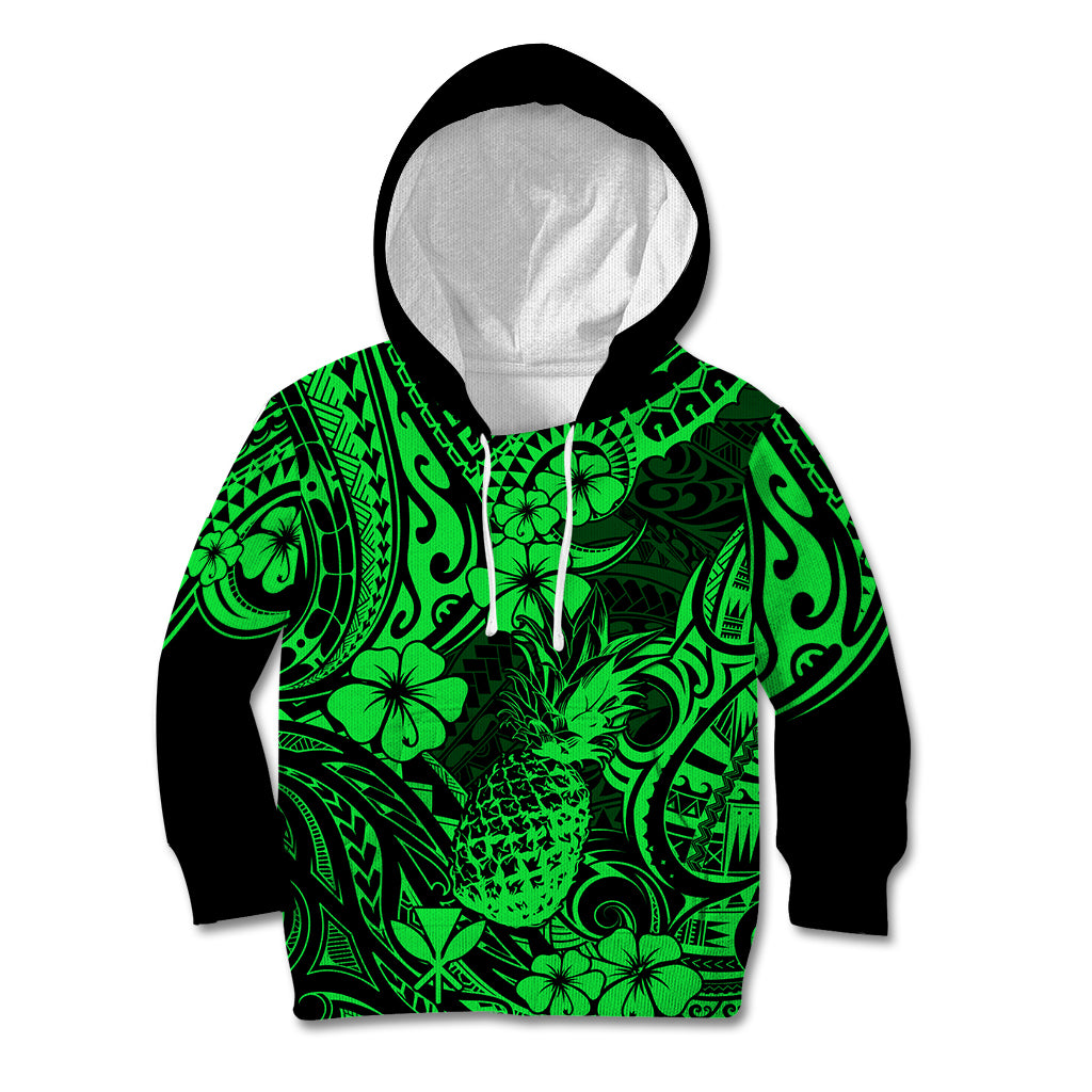 Hawaii Pineapple Kid Hoodie Paradise Flowers Pacific With Green Polynesian Tribal LT01 Green - Polynesian Pride