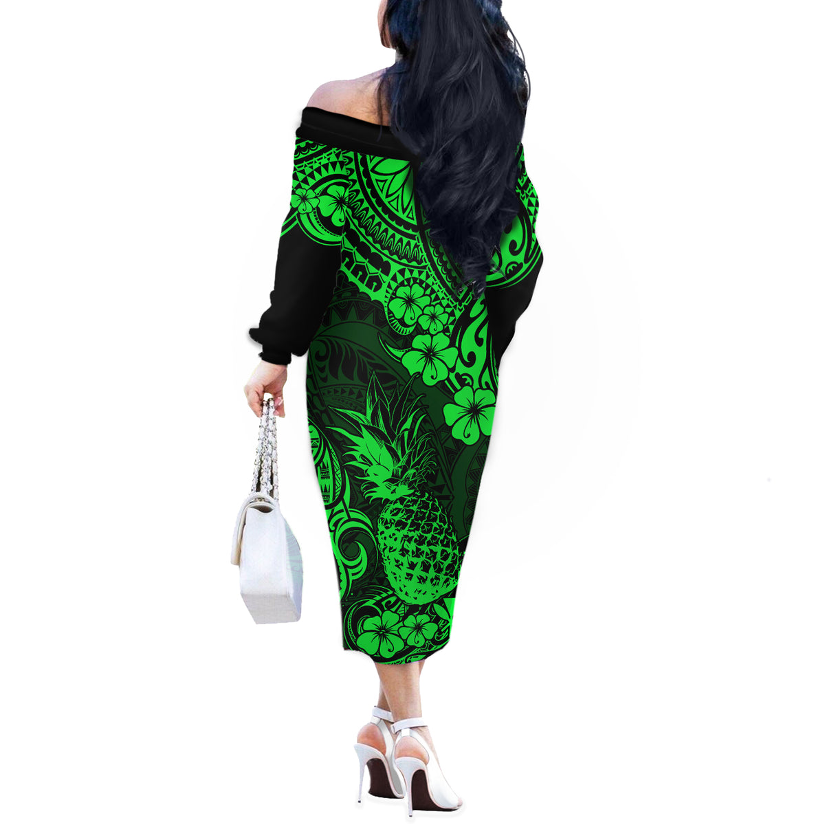 Hawaii Pineapple Off The Shoulder Long Sleeve Dress Paradise Flowers Pacific With Green Polynesian Tribal LT01 - Polynesian Pride