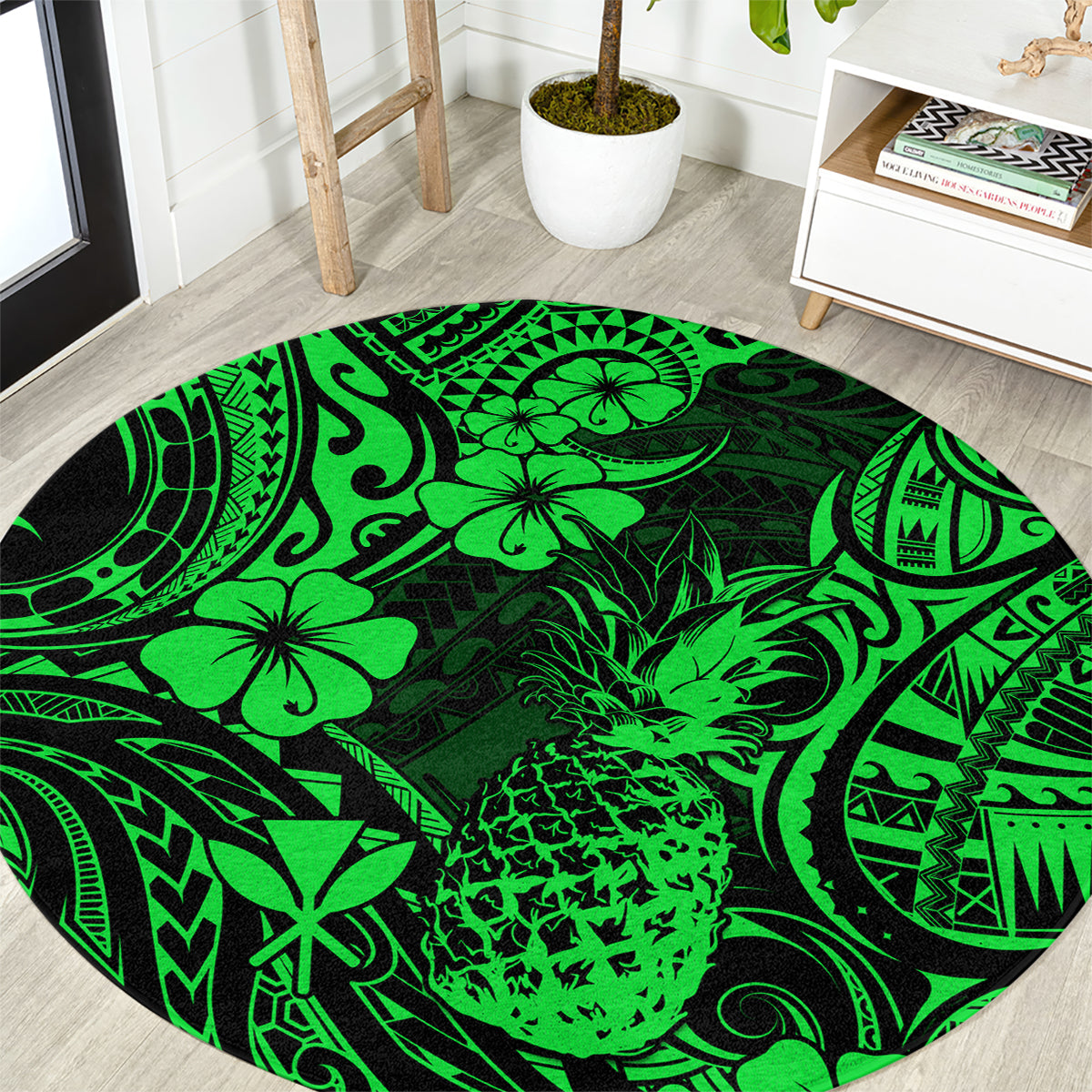Hawaii Pineapple Round Carpet Paradise Flowers Pacific With Green Polynesian Tribal LT01 Green - Polynesian Pride