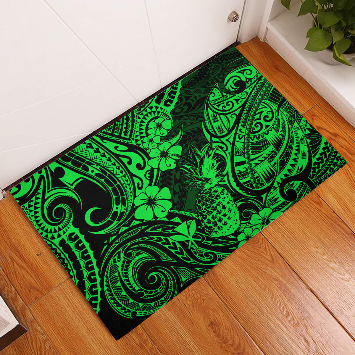 Hawaii Pineapple Rubber Doormat Paradise Flowers Pacific With Green Polynesian Tribal LT01 Green - Polynesian Pride