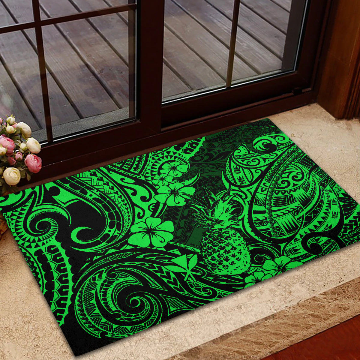 Hawaii Pineapple Rubber Doormat Paradise Flowers Pacific With Green Polynesian Tribal LT01 - Polynesian Pride