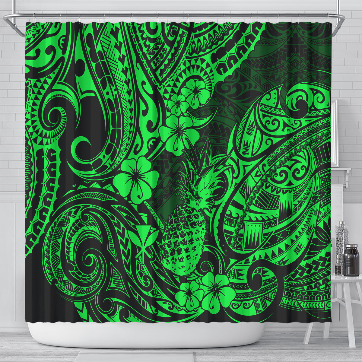 Hawaii Pineapple Shower Curtain Paradise Flowers Pacific With Green Polynesian Tribal LT01 - Polynesian Pride