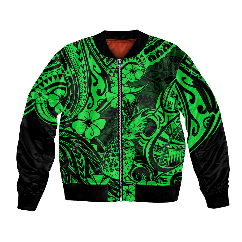 Hawaii Pineapple Sleeve Zip Bomber Jacket Paradise Flowers Pacific With Green Polynesian Tribal LT01 Unisex Green - Polynesian Pride