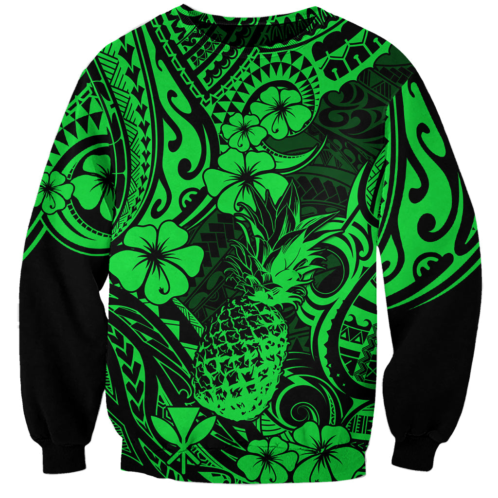 Hawaii Pineapple Sweatshirt Paradise Flowers Pacific With Green Polynesian Tribal LT01 Unisex Green - Polynesian Pride
