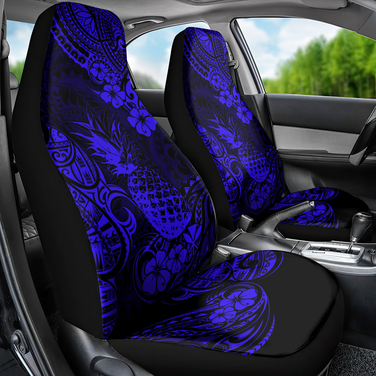 Hawaii Pineapple Car Seat Cover Paradise Flowers Pacific With Navy Blue Polynesian Tribal LT01 - Polynesian Pride