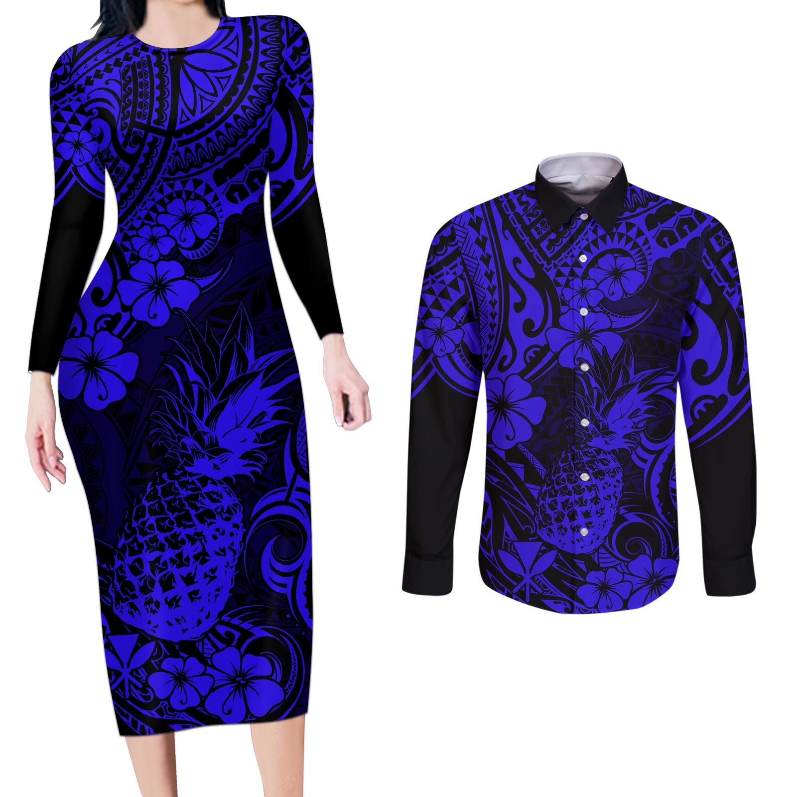 Hawaii Pineapple Couples Matching Long Sleeve Bodycon Dress and Long Sleeve Button Shirts Paradise Flowers Pacific With Navy Blue Polynesian Tribal LT01 Blue - Polynesian Pride