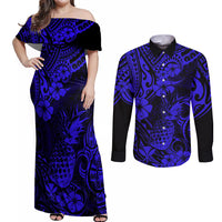 Hawaii Pineapple Couples Matching Off Shoulder Maxi Dress and Long Sleeve Button Shirts Paradise Flowers Pacific With Navy Blue Polynesian Tribal LT01 Blue - Polynesian Pride