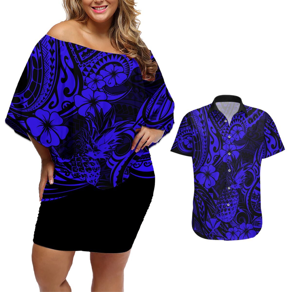 Hawaii Pineapple Couples Matching Off Shoulder Short Dress and Hawaiian Shirt Paradise Flowers Pacific With Navy Blue Polynesian Tribal LT01 Blue - Polynesian Pride