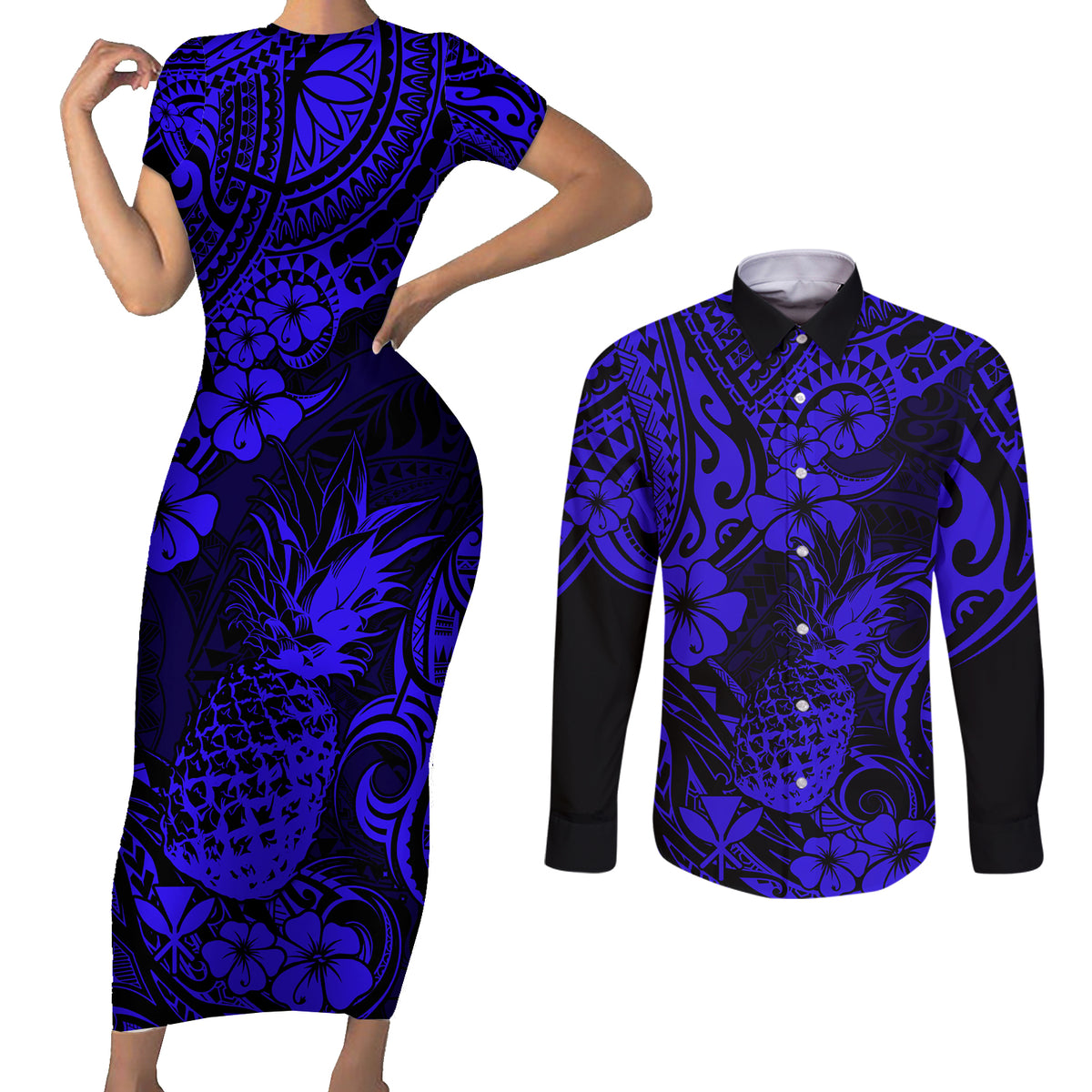 Hawaii Pineapple Couples Matching Short Sleeve Bodycon Dress and Long Sleeve Button Shirts Paradise Flowers Pacific With Navy Blue Polynesian Tribal LT01 Blue - Polynesian Pride