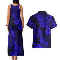Hawaii Pineapple Couples Matching Tank Maxi Dress and Hawaiian Shirt Paradise Flowers Pacific With Navy Blue Polynesian Tribal LT01 - Polynesian Pride
