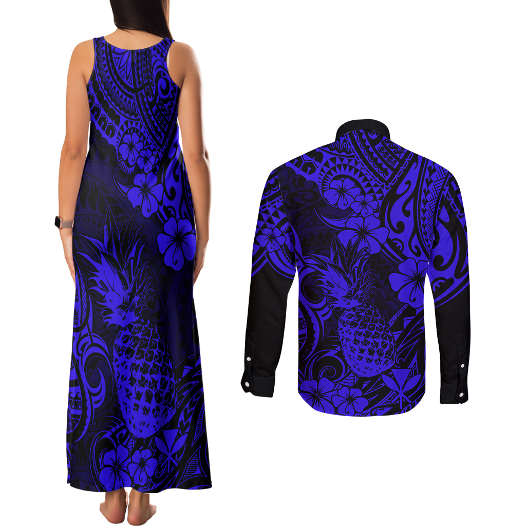 Hawaii Pineapple Couples Matching Tank Maxi Dress and Long Sleeve Button Shirts Paradise Flowers Pacific With Navy Blue Polynesian Tribal LT01 - Polynesian Pride