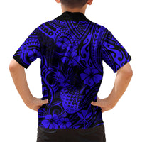 Hawaii Pineapple Kid Hawaiian Shirt Paradise Flowers Pacific With Navy Blue Polynesian Tribal LT01 - Polynesian Pride