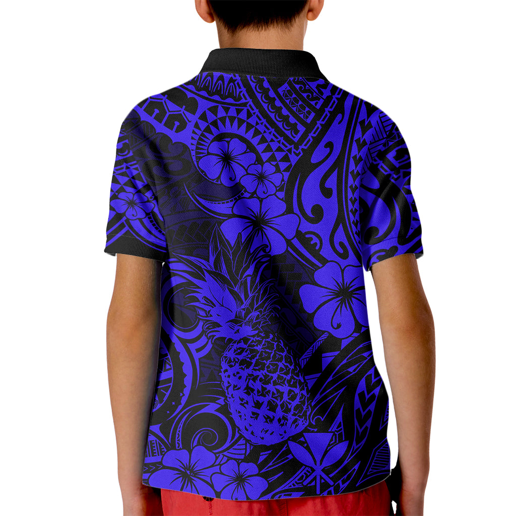 Hawaii Pineapple Kid Polo Shirt Paradise Flowers Pacific With Navy Blue Polynesian Tribal LT01 - Polynesian Pride