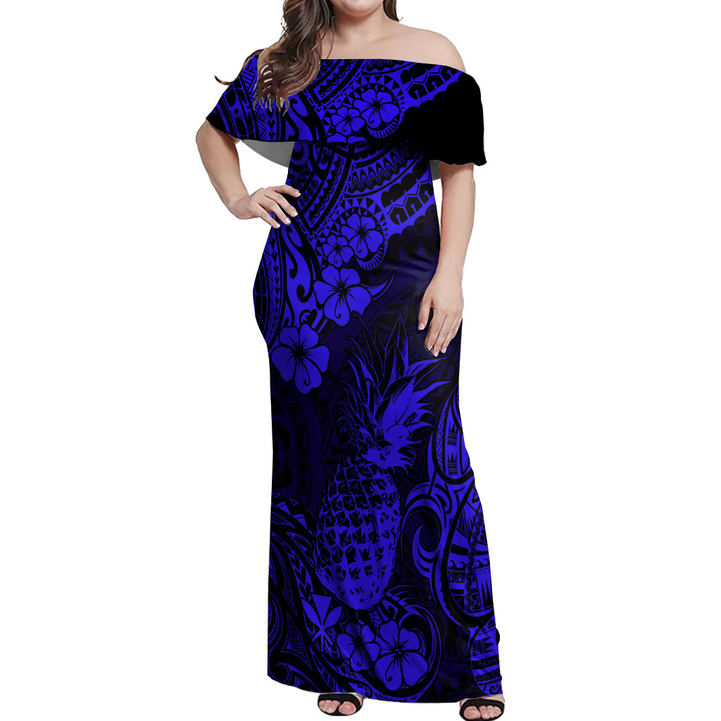 Hawaii Pineapple Off Shoulder Maxi Dress Paradise Flowers Pacific With Navy Blue Polynesian Tribal LT01 Women Blue - Polynesian Pride