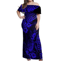Hawaii Pineapple Off Shoulder Maxi Dress Paradise Flowers Pacific With Navy Blue Polynesian Tribal LT01 Women Blue - Polynesian Pride
