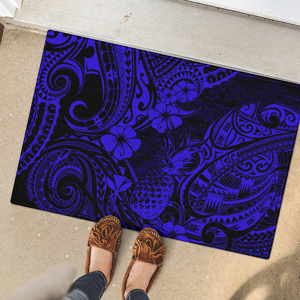 Hawaii Pineapple Rubber Doormat Paradise Flowers Pacific With Navy Blue Polynesian Tribal LT01 - Polynesian Pride