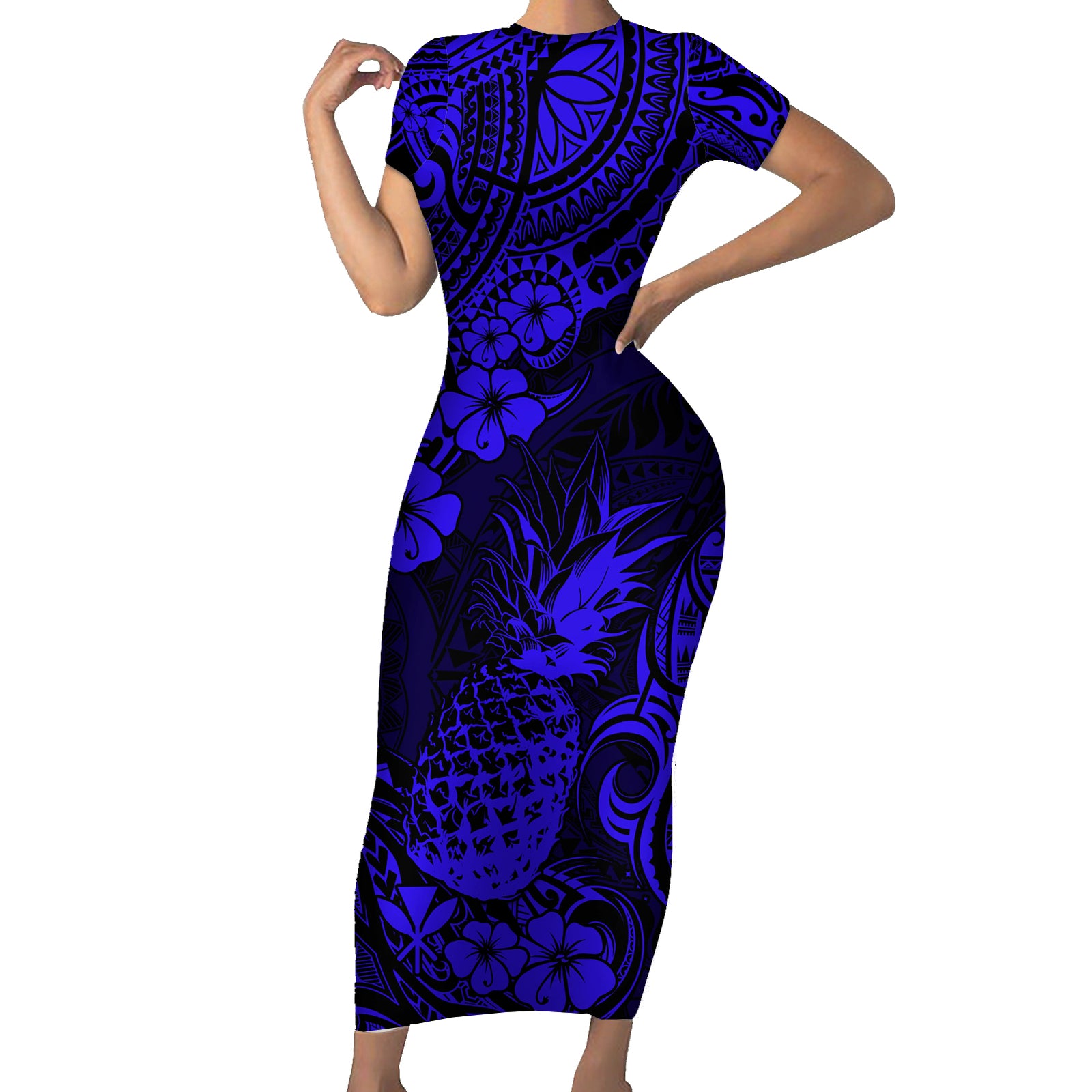 Hawaii Pineapple Short Sleeve Bodycon Dress Paradise Flowers Pacific With Navy Blue Polynesian Tribal LT01 Long Dress Blue - Polynesian Pride