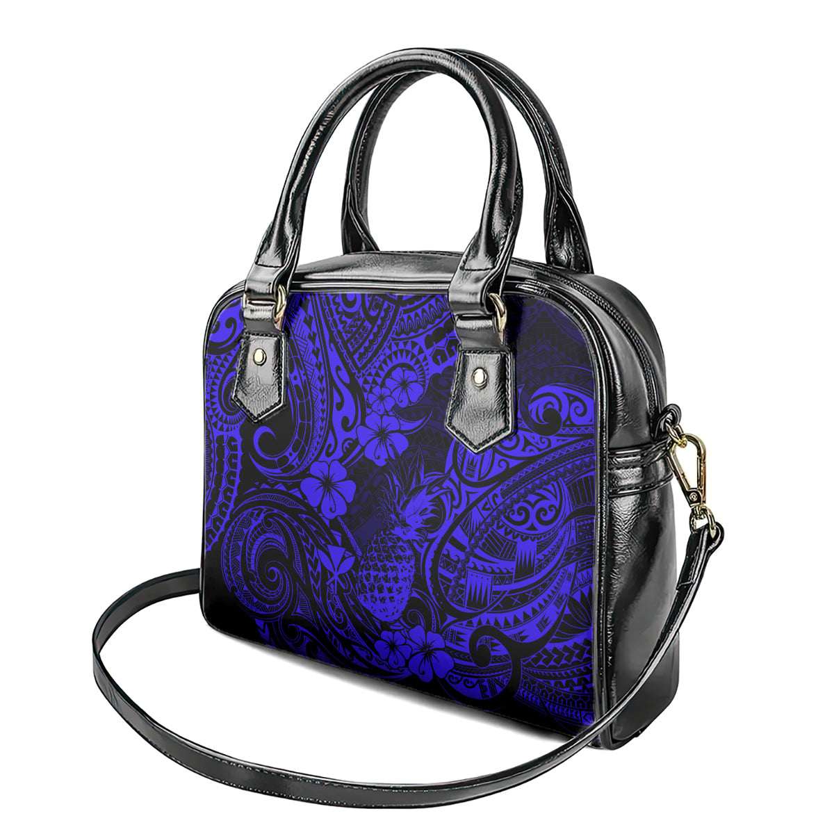 Hawaii Pineapple Shoulder Handbag Paradise Flowers Pacific With Navy Blue Polynesian Tribal LT01 - Polynesian Pride