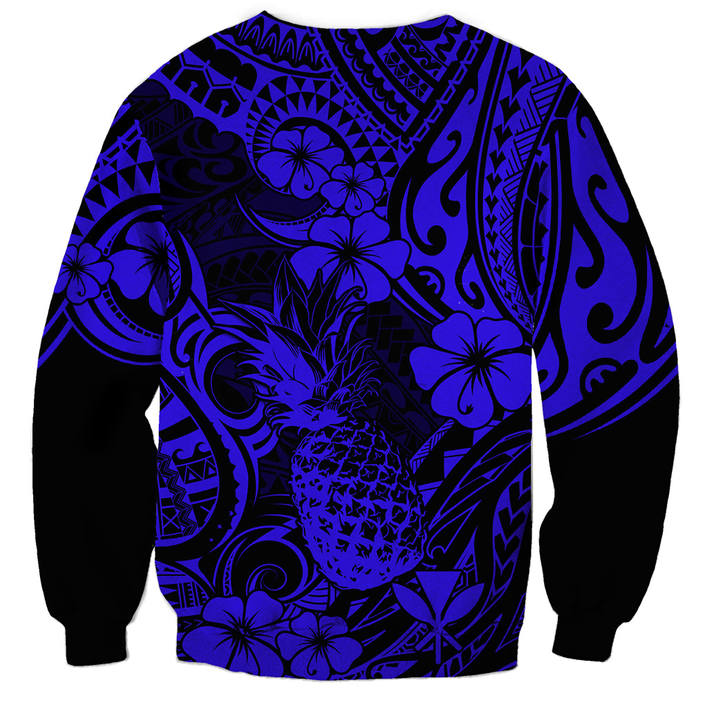 Hawaii Pineapple Sweatshirt Paradise Flowers Pacific With Navy Blue Polynesian Tribal LT01 - Polynesian Pride