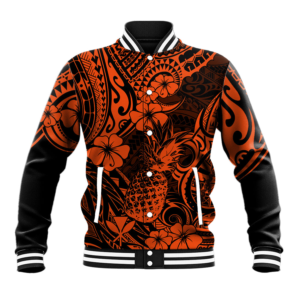 Hawaii Pineapple Baseball Jacket Paradise Flowers Pacific With Orange Polynesian Tribal LT01 Unisex Orange - Polynesian Pride